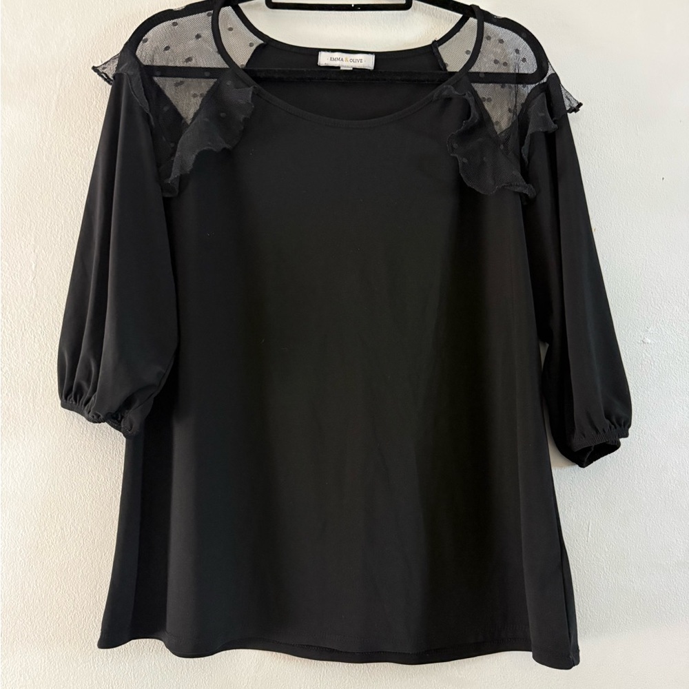 Emma & Olive Black Sheer Mesh Polka Dot Shoulder Top XL
